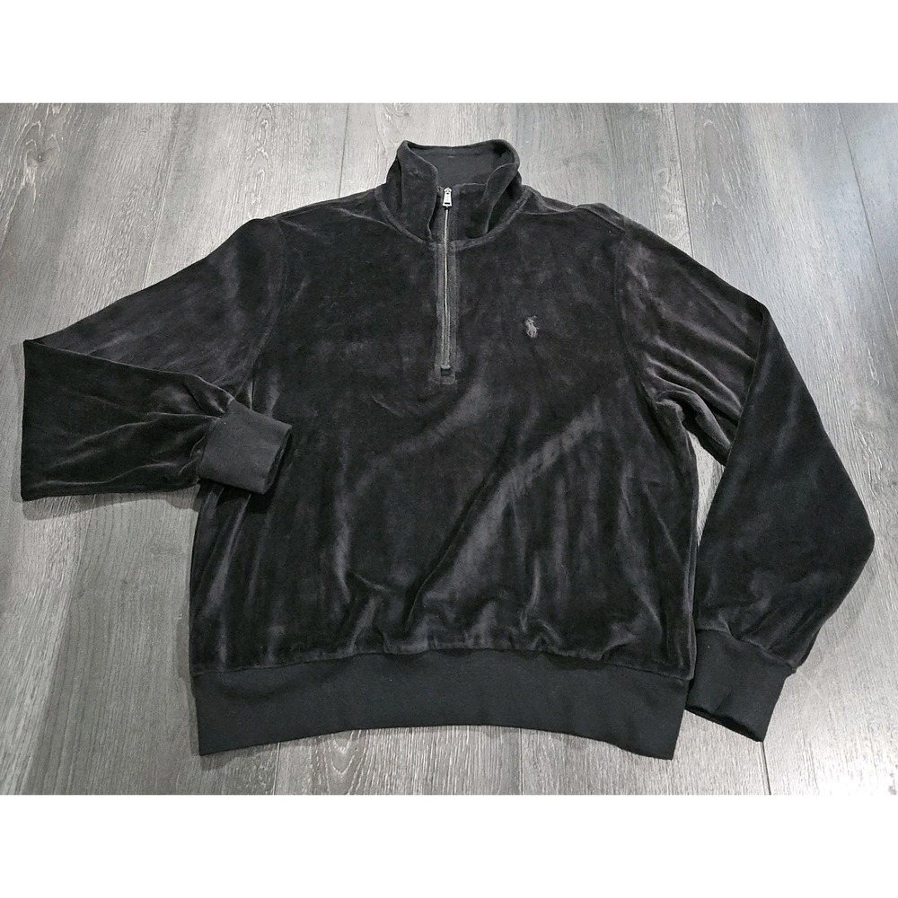 Polo Ralph Lauren 1/4 Zip Velour Pullover Top Women M Black/Black Pony Soft Cozy